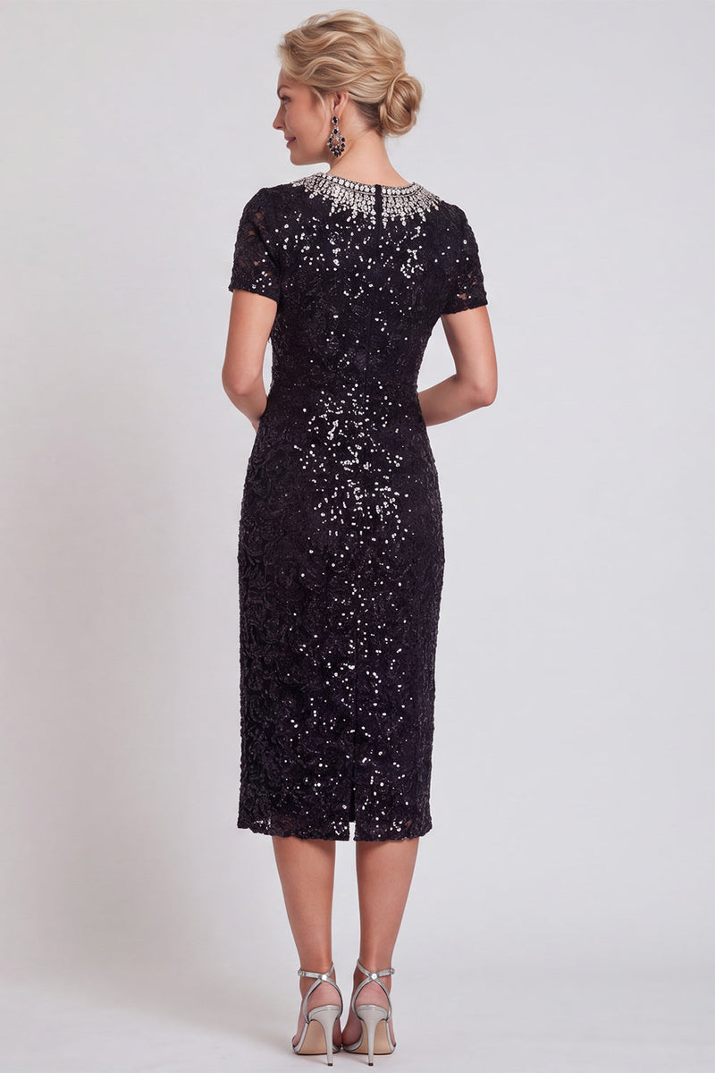 Load image into Gallery viewer, Sparkly Burgundy Bodycon Sequins Midi Mother of the Bride Dress with Sleeves