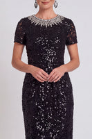 Load image into Gallery viewer, Sparkly Burgundy Bodycon Sequins Midi Mother of the Bride Dress with Sleeves