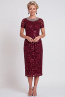 Load image into Gallery viewer, Sparkly Burgundy Bodycon Sequins Midi Mother of the Bride Dress with Sleeves