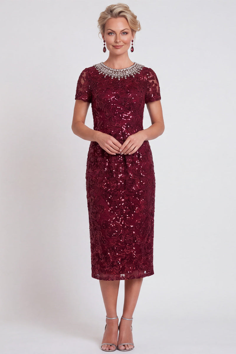 Load image into Gallery viewer, Sparkly Burgundy Bodycon Sequins Midi Mother of the Bride Dress with Sleeves