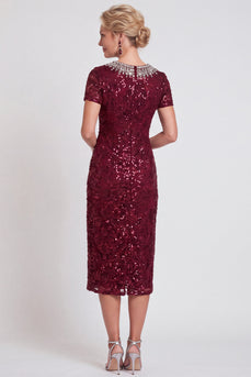 Sparkly Burgundy Bodycon Sequins Midi Mother of the Bride Dress with Sleeves