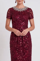 Load image into Gallery viewer, Sparkly Burgundy Bodycon Sequins Midi Mother of the Bride Dress with Sleeves
