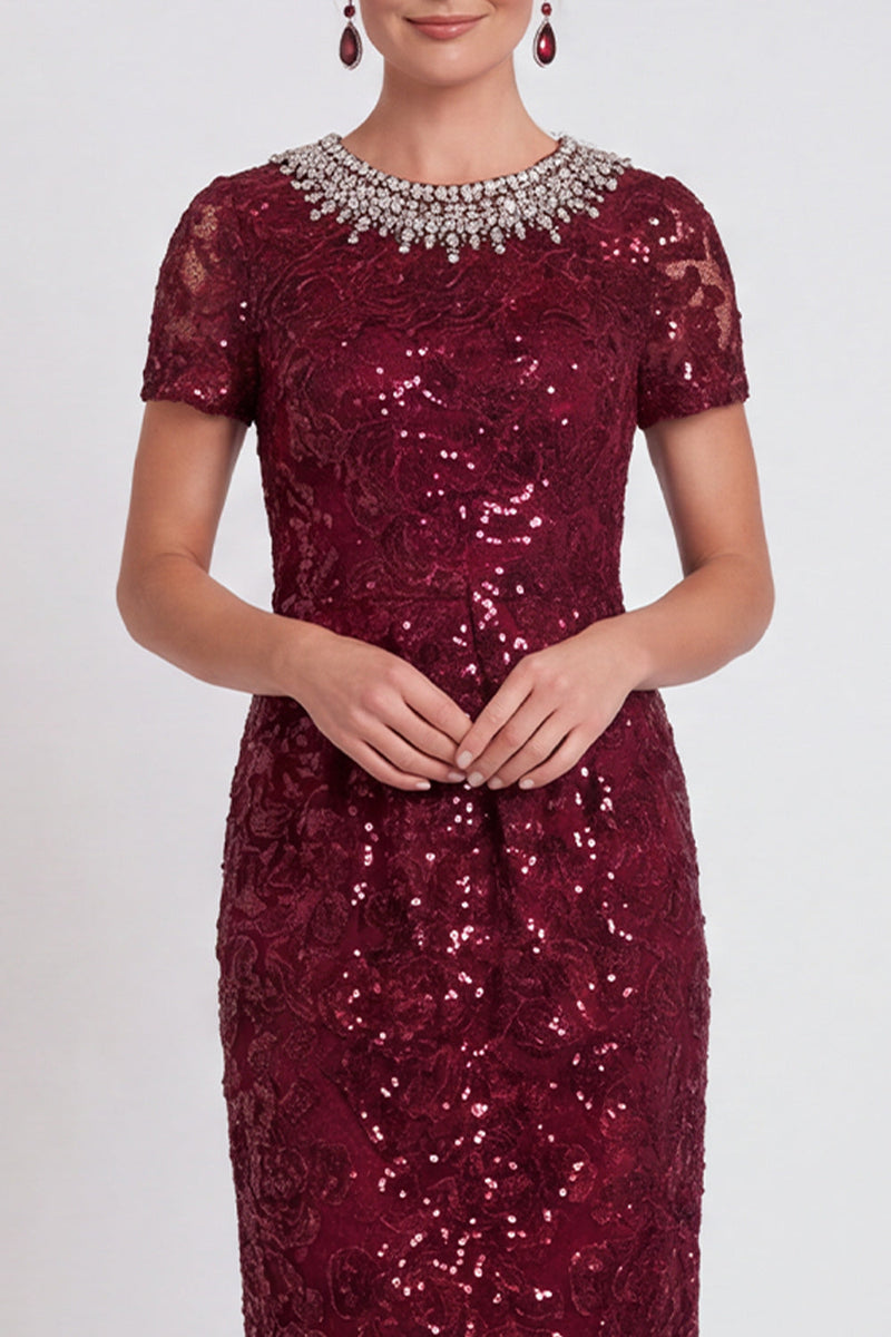 Load image into Gallery viewer, Sparkly Burgundy Bodycon Sequins Midi Mother of the Bride Dress with Sleeves