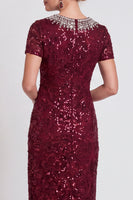 Load image into Gallery viewer, Sparkly Burgundy Bodycon Sequins Midi Mother of the Bride Dress with Sleeves