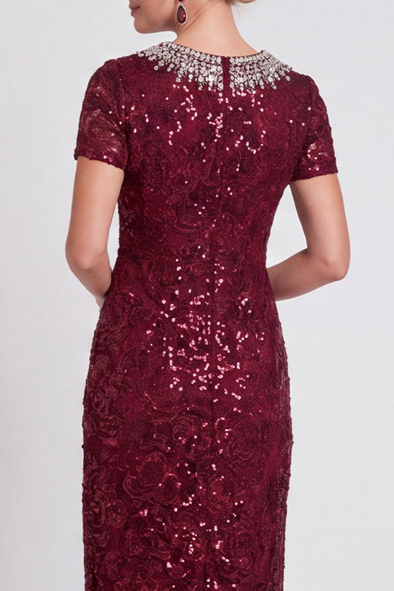 Load image into Gallery viewer, Sparkly Burgundy Bodycon Sequins Midi Mother of the Bride Dress with Sleeves