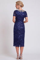 Load image into Gallery viewer, Sparkly Burgundy Bodycon Sequins Midi Mother of the Bride Dress with Sleeves