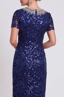 Load image into Gallery viewer, Sparkly Burgundy Bodycon Sequins Midi Mother of the Bride Dress with Sleeves