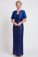Load image into Gallery viewer, Sparkly Navy 2 Piece Sheath Sequins Long Mother of the Bride Dress with Jacket