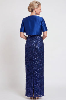 Sparkly Navy 2 Piece Sheath Sequins Long Mother of the Bride Dress with Jacket