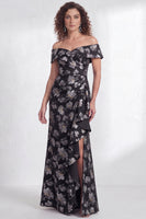 Load image into Gallery viewer, Floral Navy White Ruffled Mermaid Long Mother of the Bride Dress with Slit