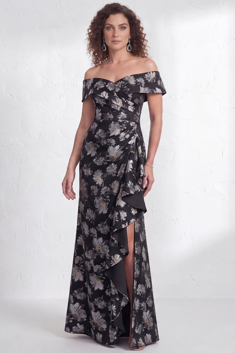 Load image into Gallery viewer, Floral Navy White Ruffled Mermaid Long Mother of the Bride Dress with Slit