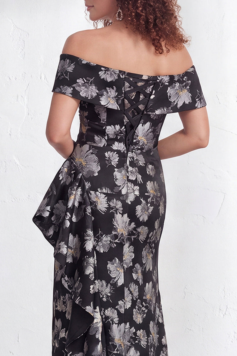 Load image into Gallery viewer, Floral Navy White Ruffled Mermaid Long Mother of the Bride Dress with Slit