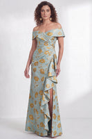 Load image into Gallery viewer, Floral Navy White Ruffled Mermaid Long Mother of the Bride Dress with Slit