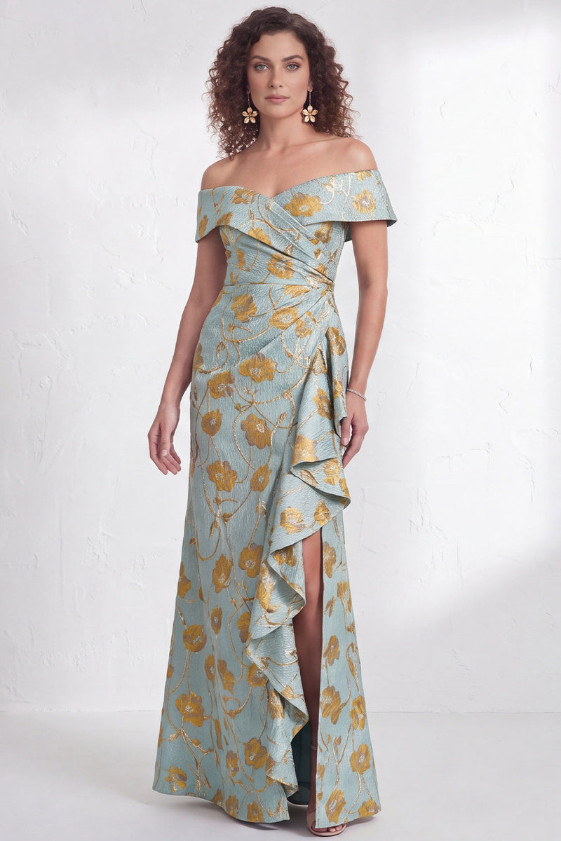 Load image into Gallery viewer, Floral Navy White Ruffled Mermaid Long Mother of the Bride Dress with Slit