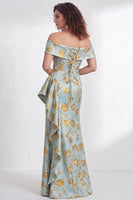 Load image into Gallery viewer, Floral Navy White Ruffled Mermaid Long Mother of the Bride Dress with Slit
