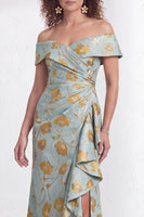 Load image into Gallery viewer, Floral Navy White Ruffled Mermaid Long Mother of the Bride Dress with Slit