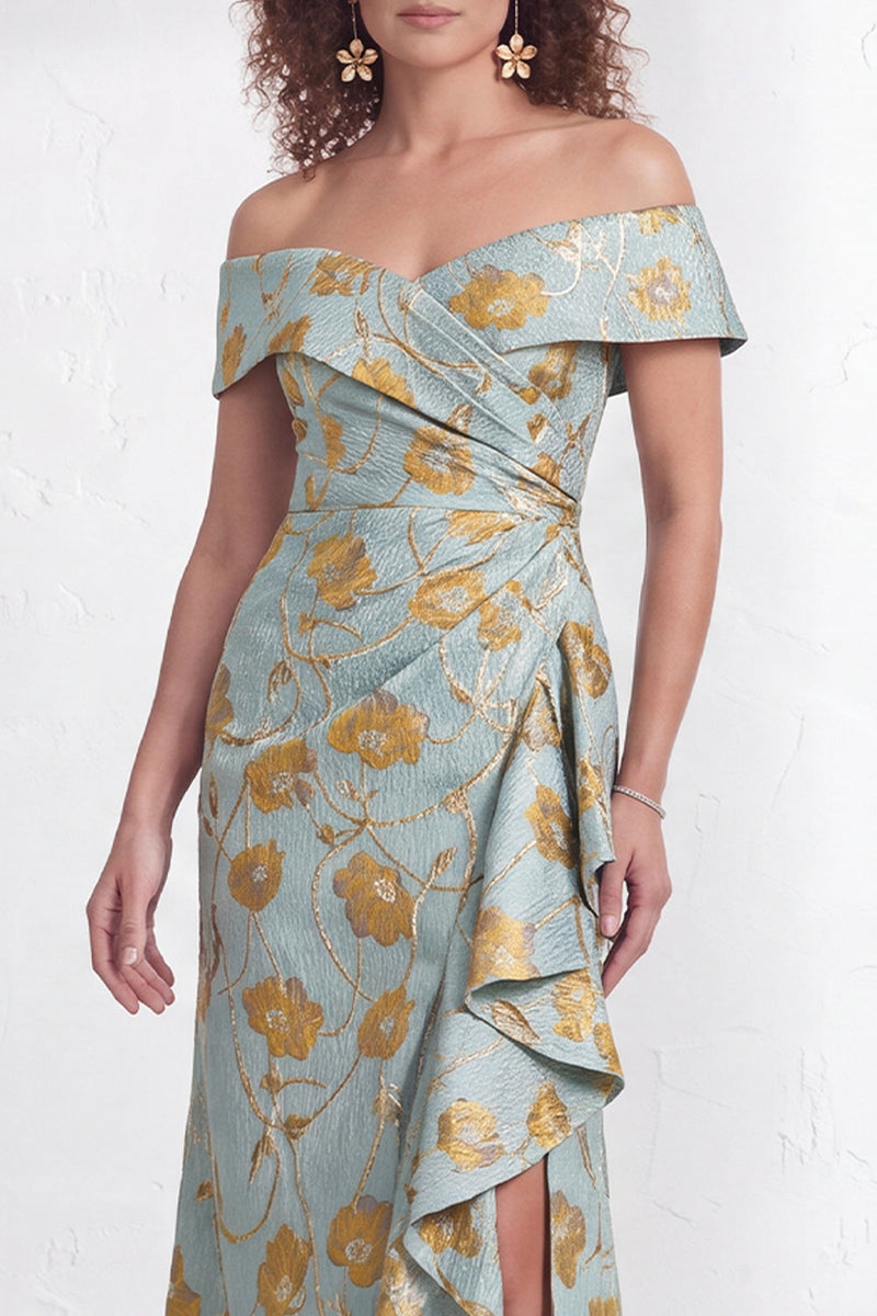 Load image into Gallery viewer, Floral Navy White Ruffled Mermaid Long Mother of the Bride Dress with Slit