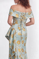 Load image into Gallery viewer, Floral Navy White Ruffled Mermaid Long Mother of the Bride Dress with Slit