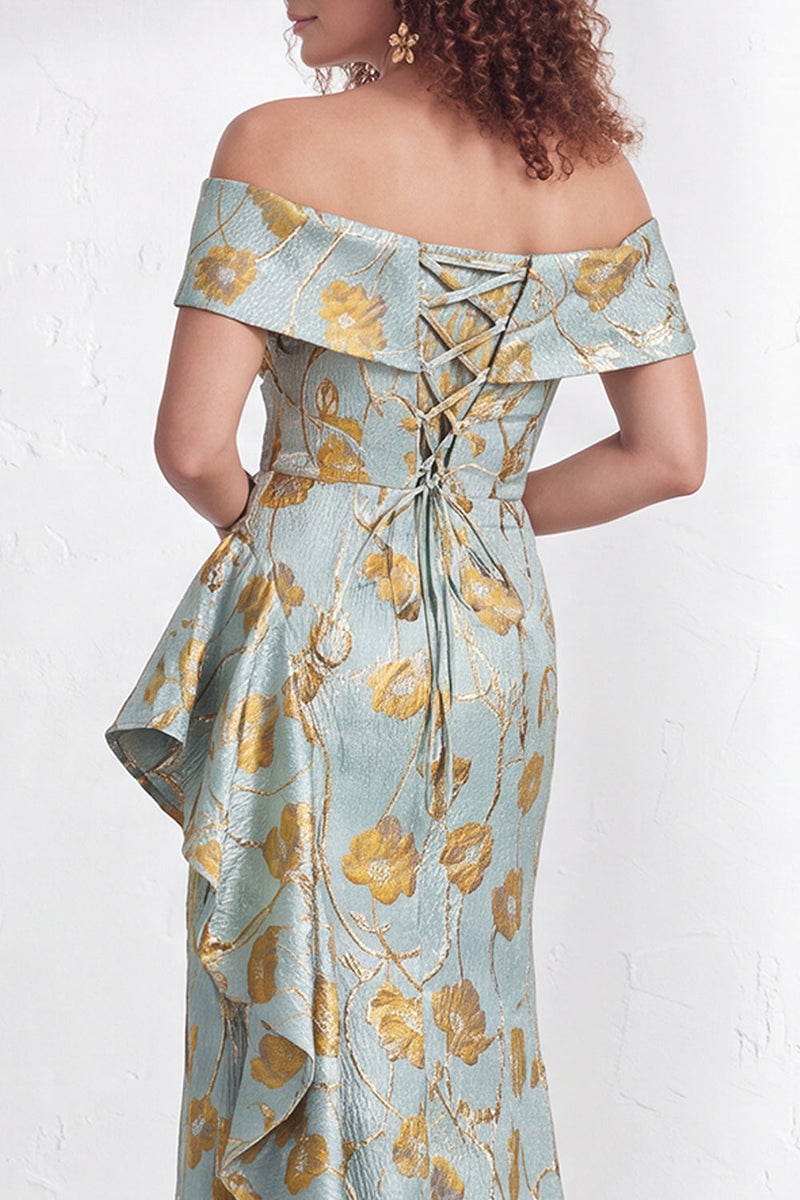 Load image into Gallery viewer, Floral Navy White Ruffled Mermaid Long Mother of the Bride Dress with Slit