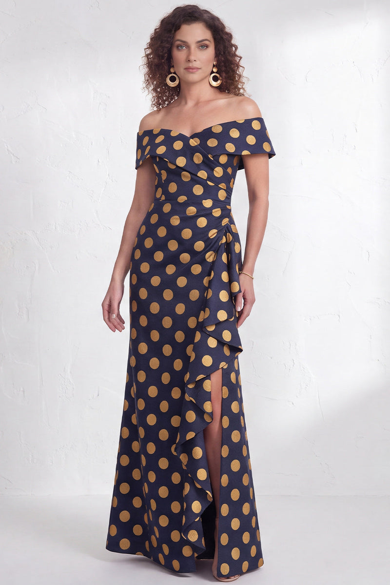 Load image into Gallery viewer, Floral Navy White Ruffled Mermaid Long Mother of the Bride Dress with Slit