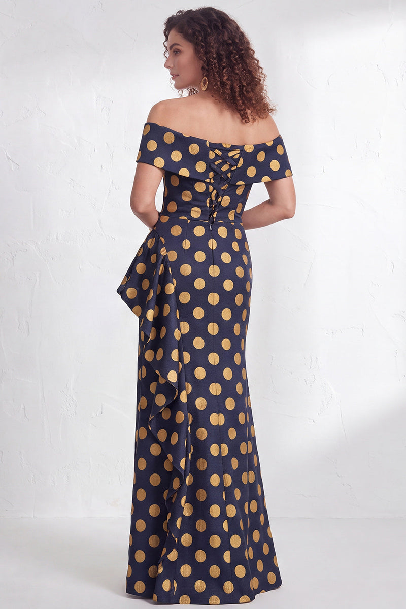 Load image into Gallery viewer, Floral Navy White Ruffled Mermaid Long Mother of the Bride Dress with Slit