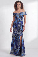 Load image into Gallery viewer, Floral Navy White Ruffled Mermaid Long Mother of the Bride Dress with Slit