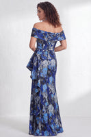 Load image into Gallery viewer, Floral Navy White Ruffled Mermaid Long Mother of the Bride Dress with Slit
