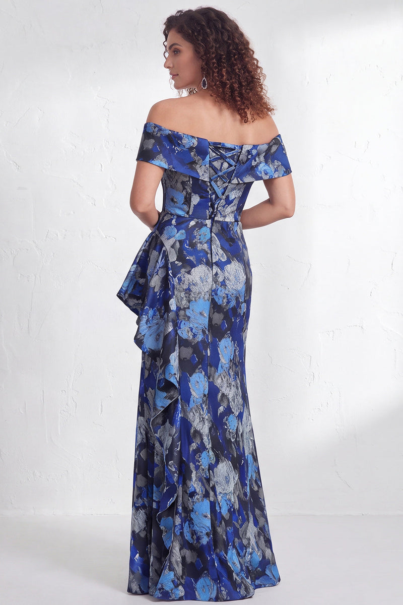 Load image into Gallery viewer, Floral Navy White Ruffled Mermaid Long Mother of the Bride Dress with Slit