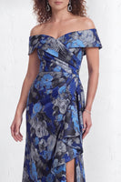 Load image into Gallery viewer, Floral Navy White Ruffled Mermaid Long Mother of the Bride Dress with Slit