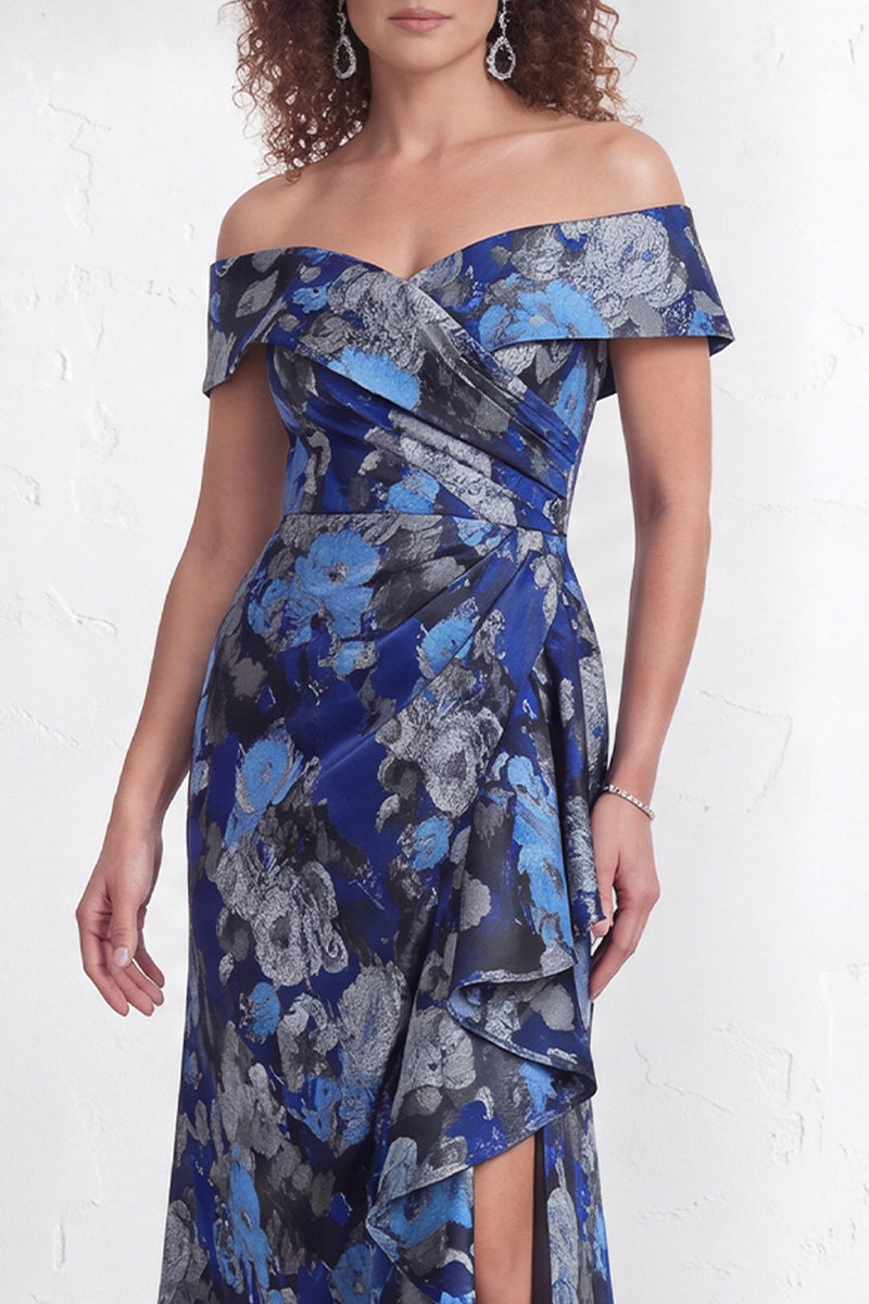 Load image into Gallery viewer, Floral Navy White Ruffled Mermaid Long Mother of the Bride Dress with Slit