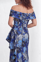 Load image into Gallery viewer, Floral Navy White Ruffled Mermaid Long Mother of the Bride Dress with Slit