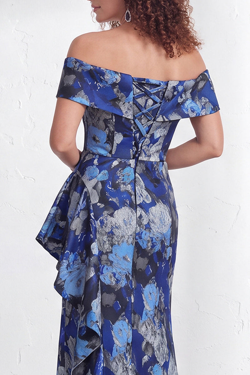 Load image into Gallery viewer, Floral Navy White Ruffled Mermaid Long Mother of the Bride Dress with Slit