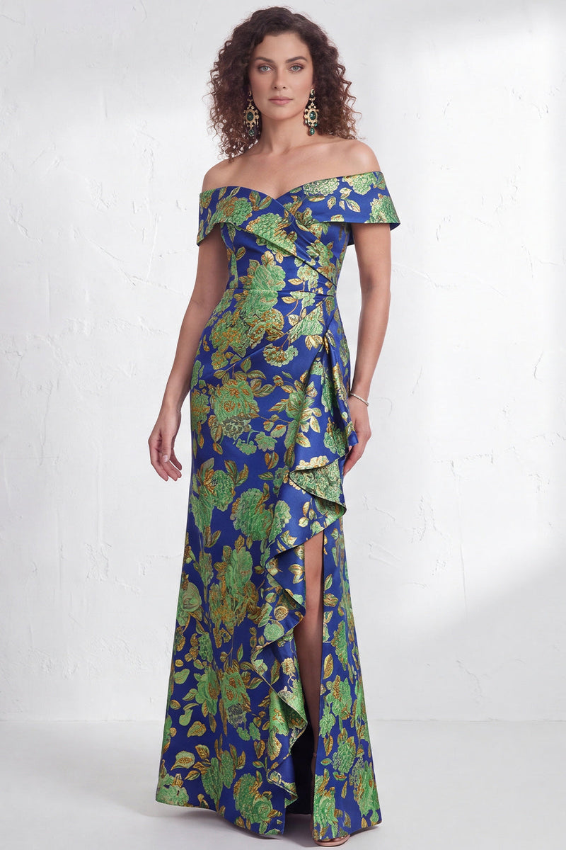 Load image into Gallery viewer, Floral Navy White Ruffled Mermaid Long Mother of the Bride Dress with Slit