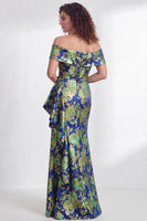 Load image into Gallery viewer, Floral Navy White Ruffled Mermaid Long Mother of the Bride Dress with Slit
