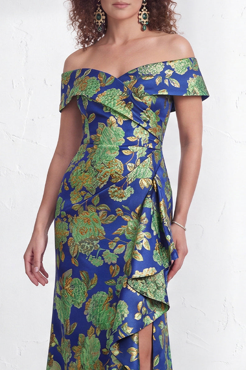 Load image into Gallery viewer, Floral Navy White Ruffled Mermaid Long Mother of the Bride Dress with Slit