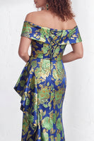 Load image into Gallery viewer, Floral Navy White Ruffled Mermaid Long Mother of the Bride Dress with Slit
