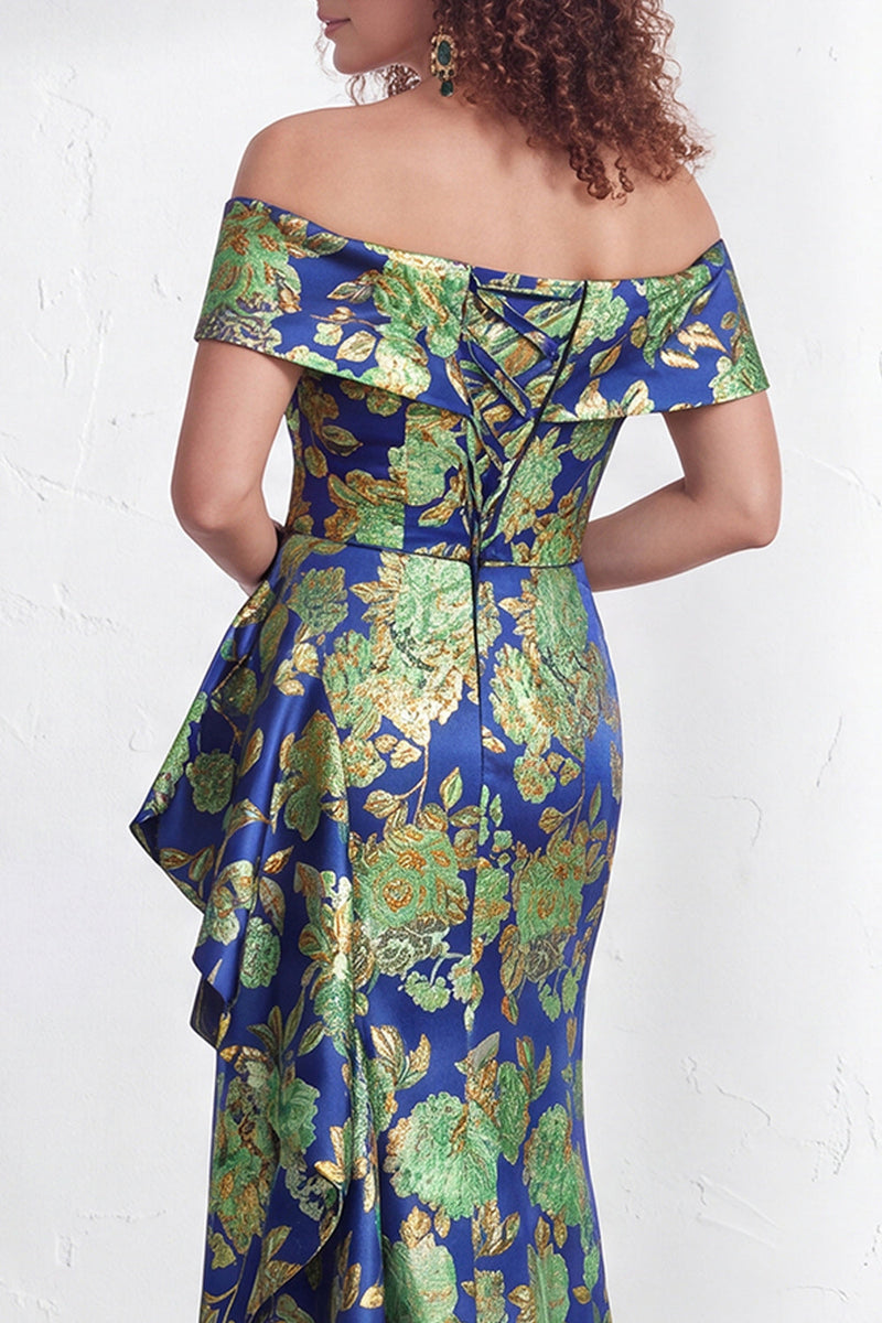 Load image into Gallery viewer, Floral Navy White Ruffled Mermaid Long Mother of the Bride Dress with Slit