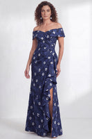 Load image into Gallery viewer, Floral Navy White Ruffled Mermaid Long Mother of the Bride Dress with Slit