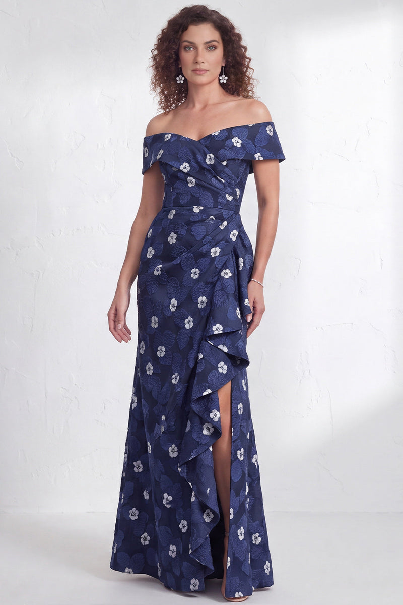 Load image into Gallery viewer, Floral Navy White Ruffled Mermaid Long Mother of the Bride Dress with Slit