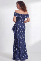Load image into Gallery viewer, Floral Navy White Ruffled Mermaid Long Mother of the Bride Dress with Slit