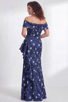Floral Navy White Ruffled Mermaid Long Mother of the Bride Dress with Slit