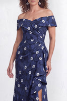 Load image into Gallery viewer, Floral Navy White Ruffled Mermaid Long Mother of the Bride Dress with Slit
