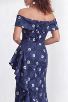 Load image into Gallery viewer, Floral Navy White Ruffled Mermaid Long Mother of the Bride Dress with Slit