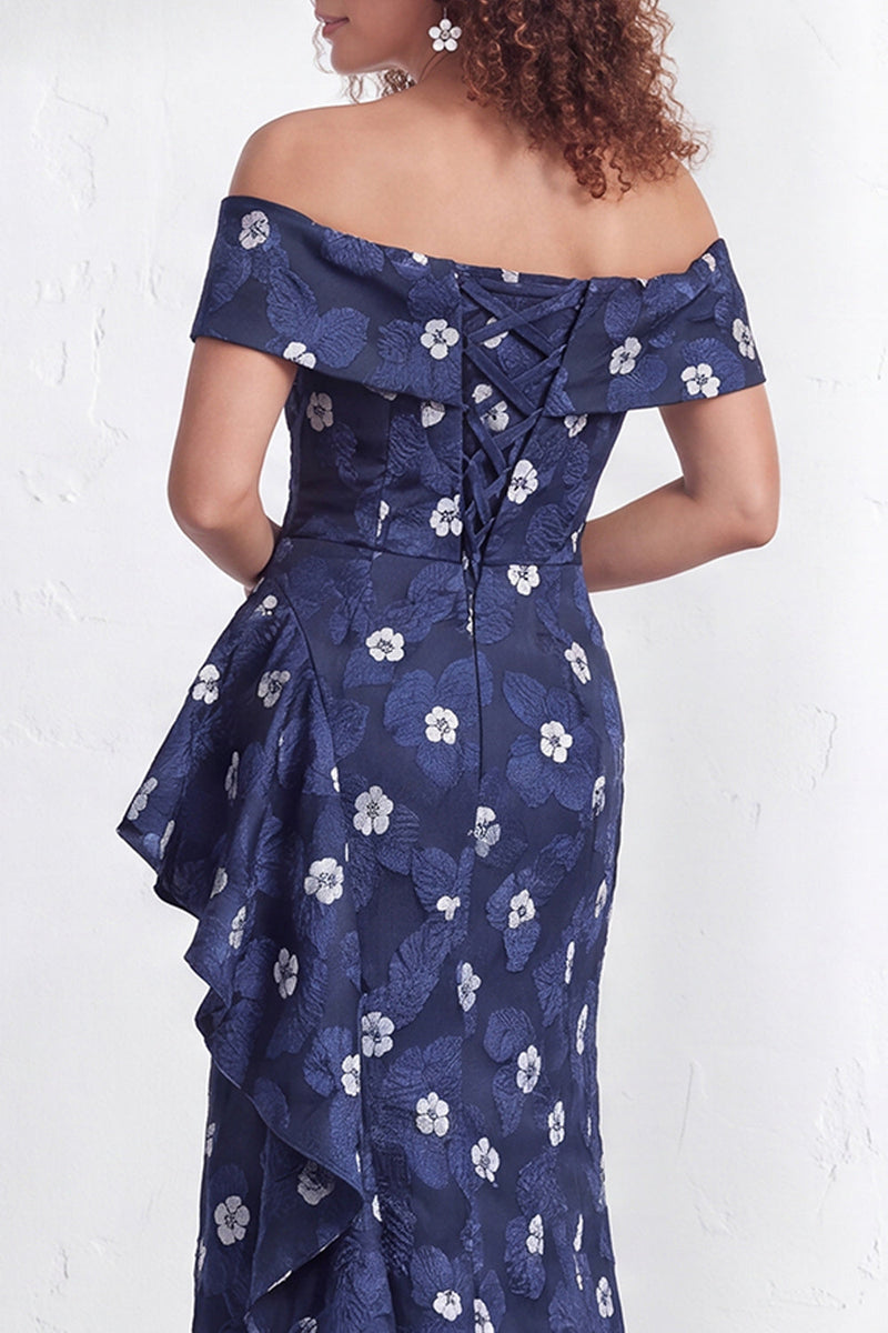 Load image into Gallery viewer, Floral Navy White Ruffled Mermaid Long Mother of the Bride Dress with Slit