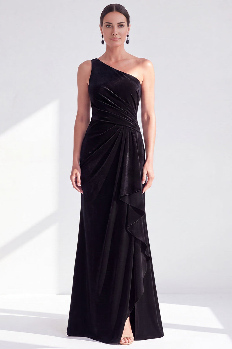 Load image into Gallery viewer, Grey Blue Velvet One Shoulder Mermaid Ruffled Long Mother of the Bride Dress