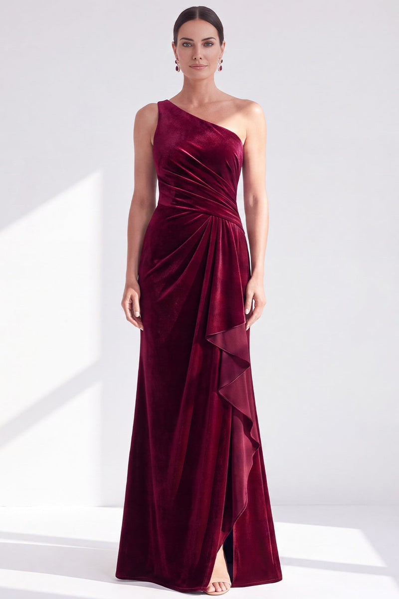 Load image into Gallery viewer, Grey Blue Velvet One Shoulder Mermaid Ruffled Long Mother of the Bride Dress