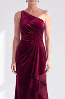 Load image into Gallery viewer, Grey Blue Velvet One Shoulder Mermaid Ruffled Long Mother of the Bride Dress