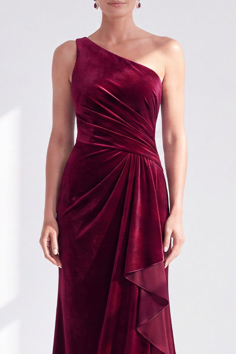 Load image into Gallery viewer, Grey Blue Velvet One Shoulder Mermaid Ruffled Long Mother of the Bride Dress