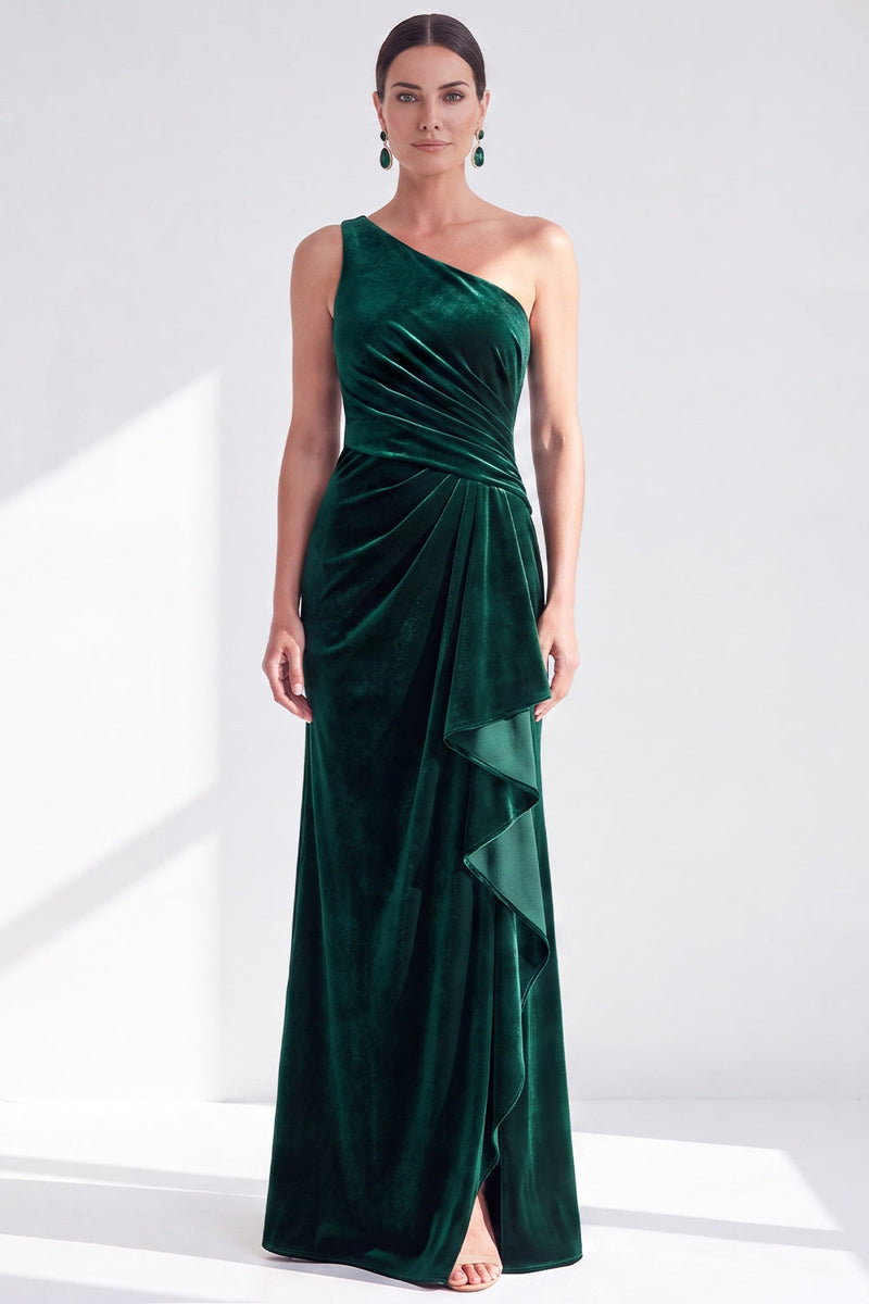 Load image into Gallery viewer, Grey Blue Velvet One Shoulder Mermaid Ruffled Long Mother of the Bride Dress
