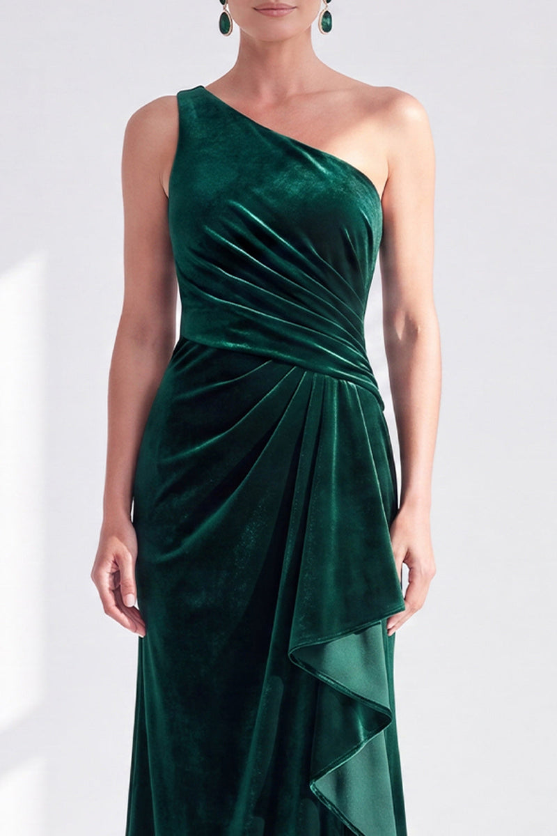 Load image into Gallery viewer, Grey Blue Velvet One Shoulder Mermaid Ruffled Long Mother of the Bride Dress